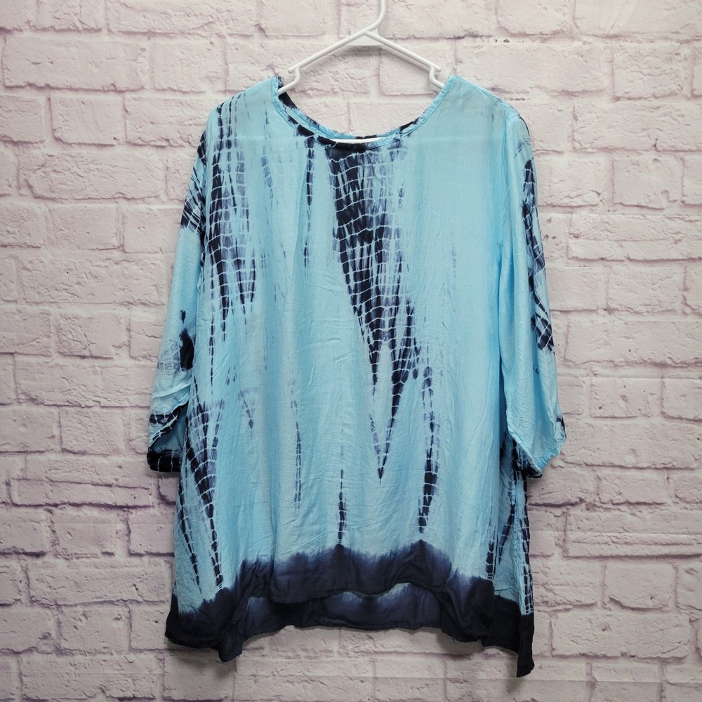 Sevya Handmade Tie Dye Blouse Size L/XL Robins Egg Blue 3/4 Sleeves Flowy‎ Boho
